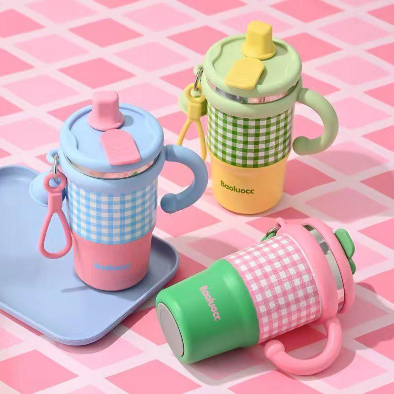 Kids Insulated Stainless Steel Water Bottle With Handle Straw 600ml Cartoon Design School Travel