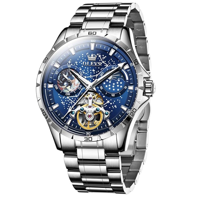 Часы OLEVS мужские механические с автоматическим заводом, циферблат со звездным небом, нержавеющая сталь, водонепроницаемые часы для мужчин, синие…