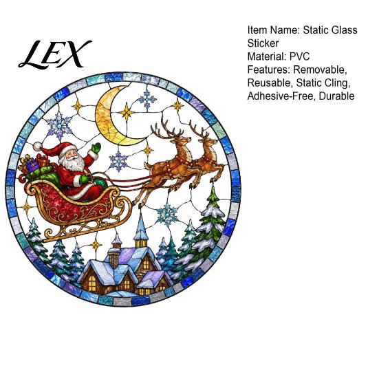 Glue Free Window Sticker Christmas Santa Sleigh Suncatcher Cling, Stained Glass Style Static Removable Film Sticker, Rainbow Xmas Decor for Home Shop