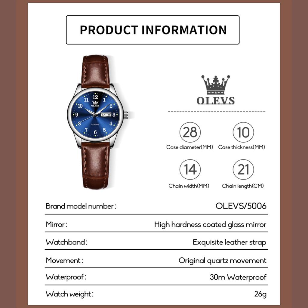 OLEVS Аналоговые деловые часы, популярные, модные, стильные, с синим циферблатом, кожаным ремешком, простые, с нажимной рукояткой, стильные, женские часы, кварцевые, водонепроницаемые, женские
