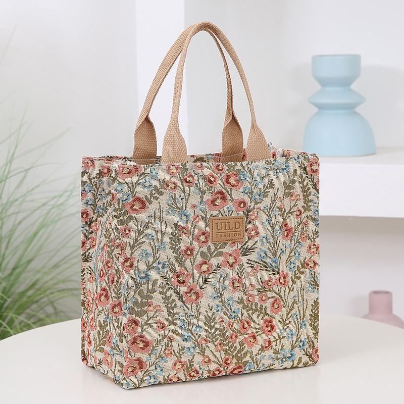 Aesthetic Floral Print Lunch Bag Large Capacity Lunch Handbag For School Work Travel Picnic Portable Mother'S Bag