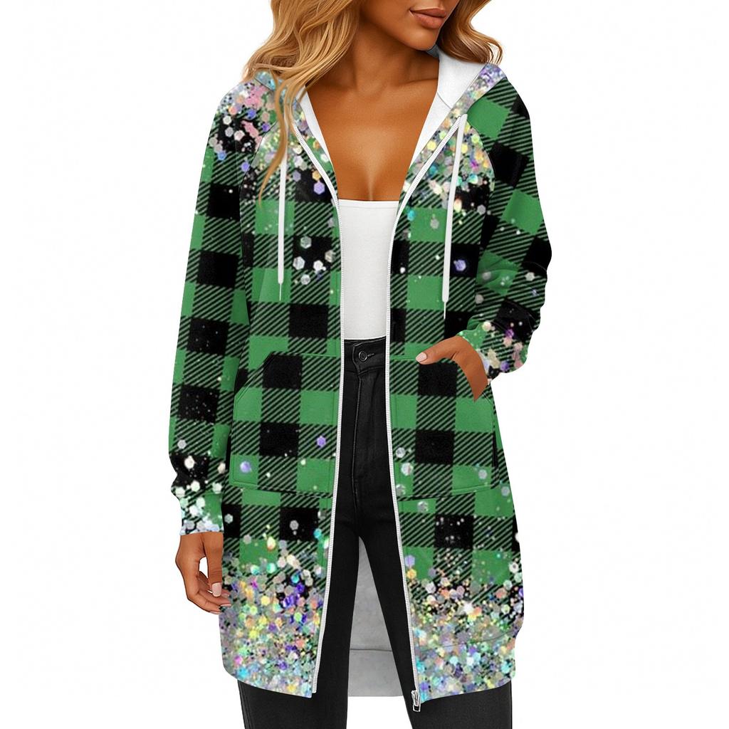 Women's Fashionable Christmas Printed Long Sleeved Drawstring Hooded Zipper Pocket Long Casual Sweatshirt Jacket