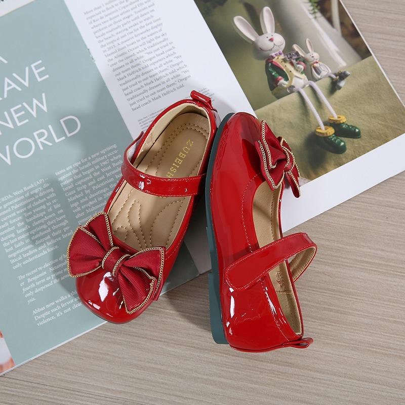 Fashion Girl Leather Shoes 2025 Autumn New Style Girl Bow Shoes Simple Women's Le Fu Shoe Children's Watch Girl Ball Shoesv