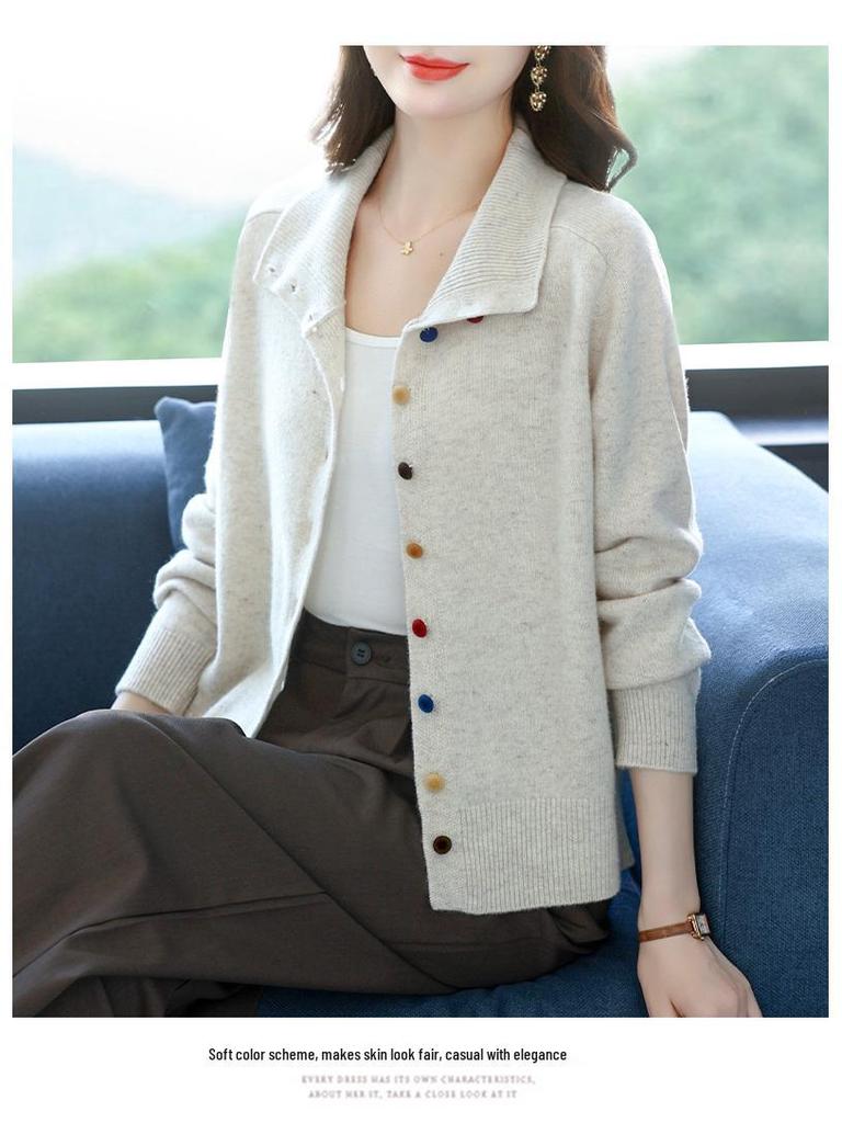 Женский вязаный кардиган из 100% чистой шерсти с отложным воротником - Осенняя мода, короткая куртка