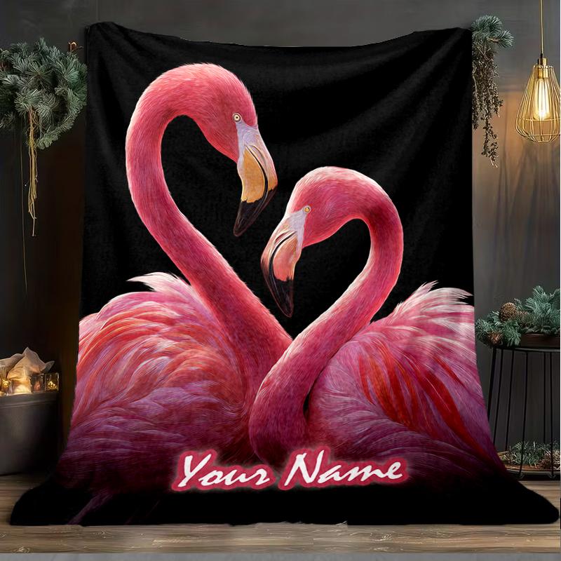 1PC Custom Name Pink Flamingo Heart outdooor Flannel blankets Patterns Throw Blanket All-Season Soft Gift for Couch, Bed, Camping gifts