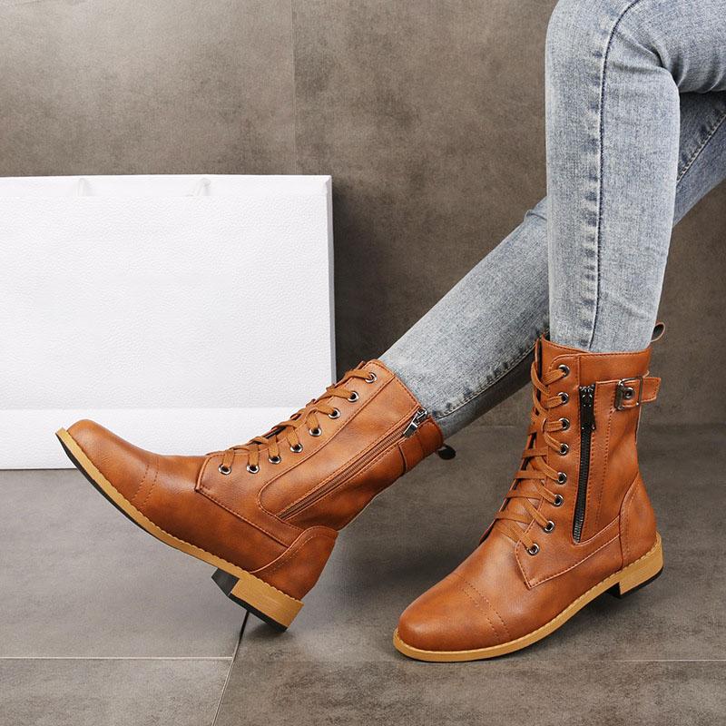 Fashion Women Mid Calf Boots Autumn Winter Low Heel Booties 2024 New Fashion Female Retro British Goth Shoes Short Leather Boots