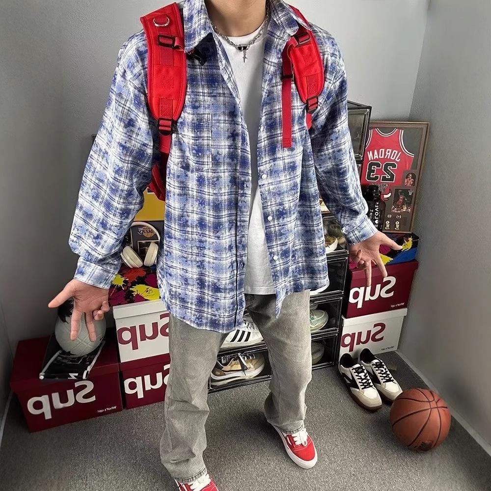 Корейско-японская клетчатая рубашка 2025: Унисекс Модная Свободная Повседневная Куртка с Длинным Рукавом