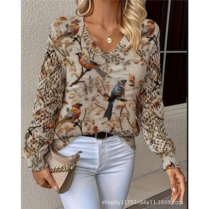 Women V Neck Knit Sweater Romantic Blossom Floral Print Hollow Out Loose Long Sleeve Pullover Autumn Winter Casual Top