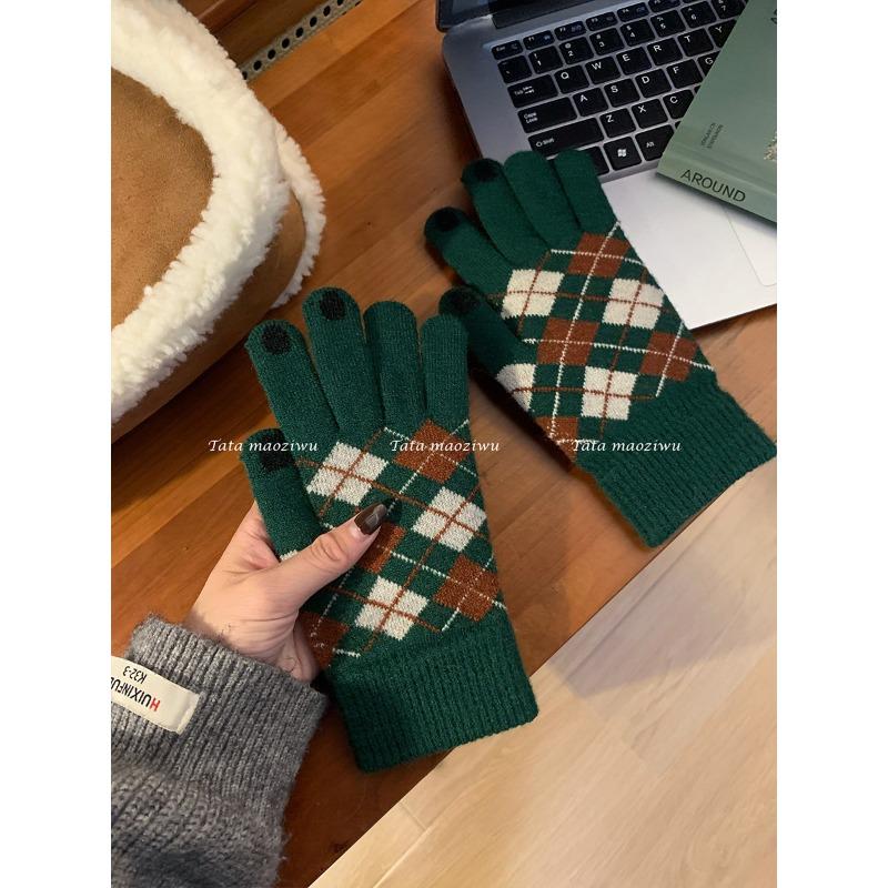 Теплые перчатки для женщин на зиму, шерстяные вязаные, цветные блоки, ромбовидный узор, ветрозащитные, с плюшевой подкладкой, пятипалые, студенческие, для верховой езды, с сенсорным экраном