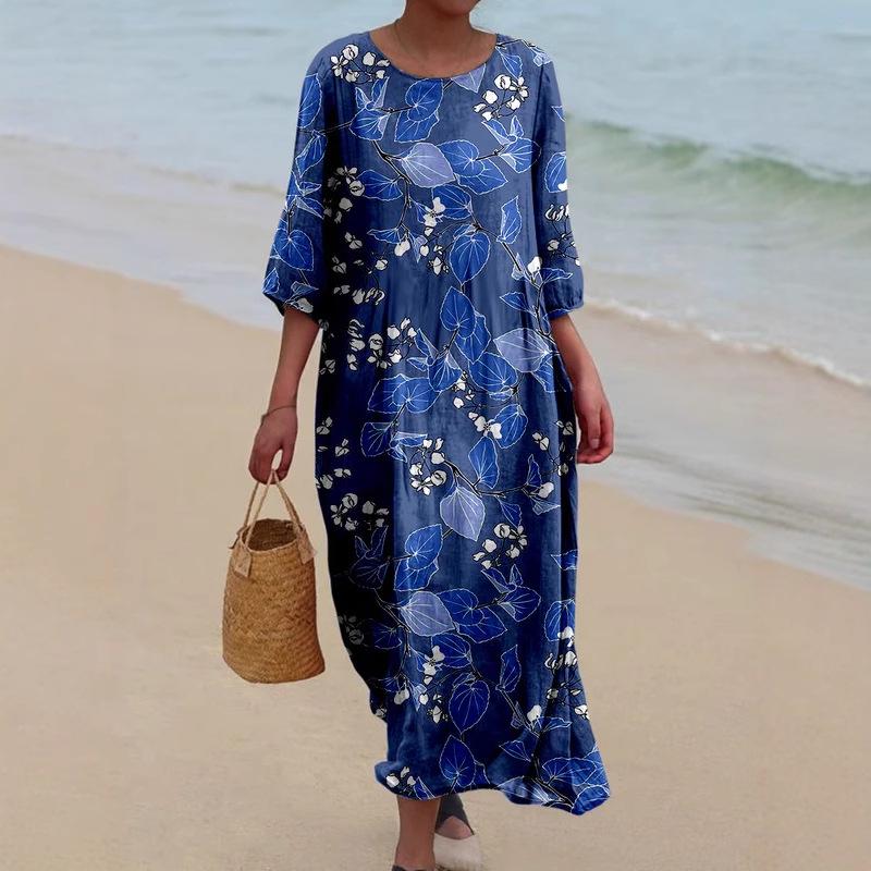 2025 Women's Retro Floral Print Long Sleeve Midi Dress - European & American Vintage Style