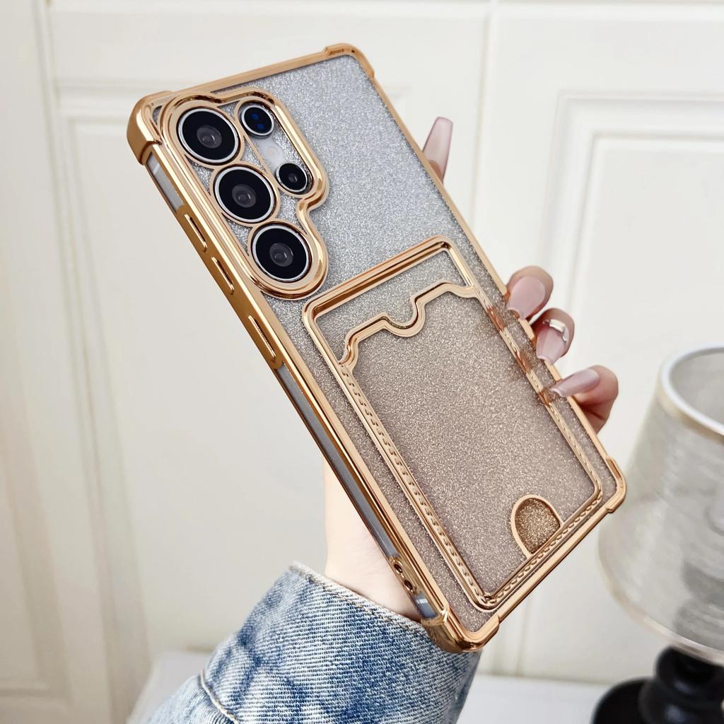 Gradient Glitter Card Bag Clear Plating Case For Samsung S25 S24 S23 S22 Ultra Plus A55 A35 A25 A54 A15 A14 A24 Shockproof Cover