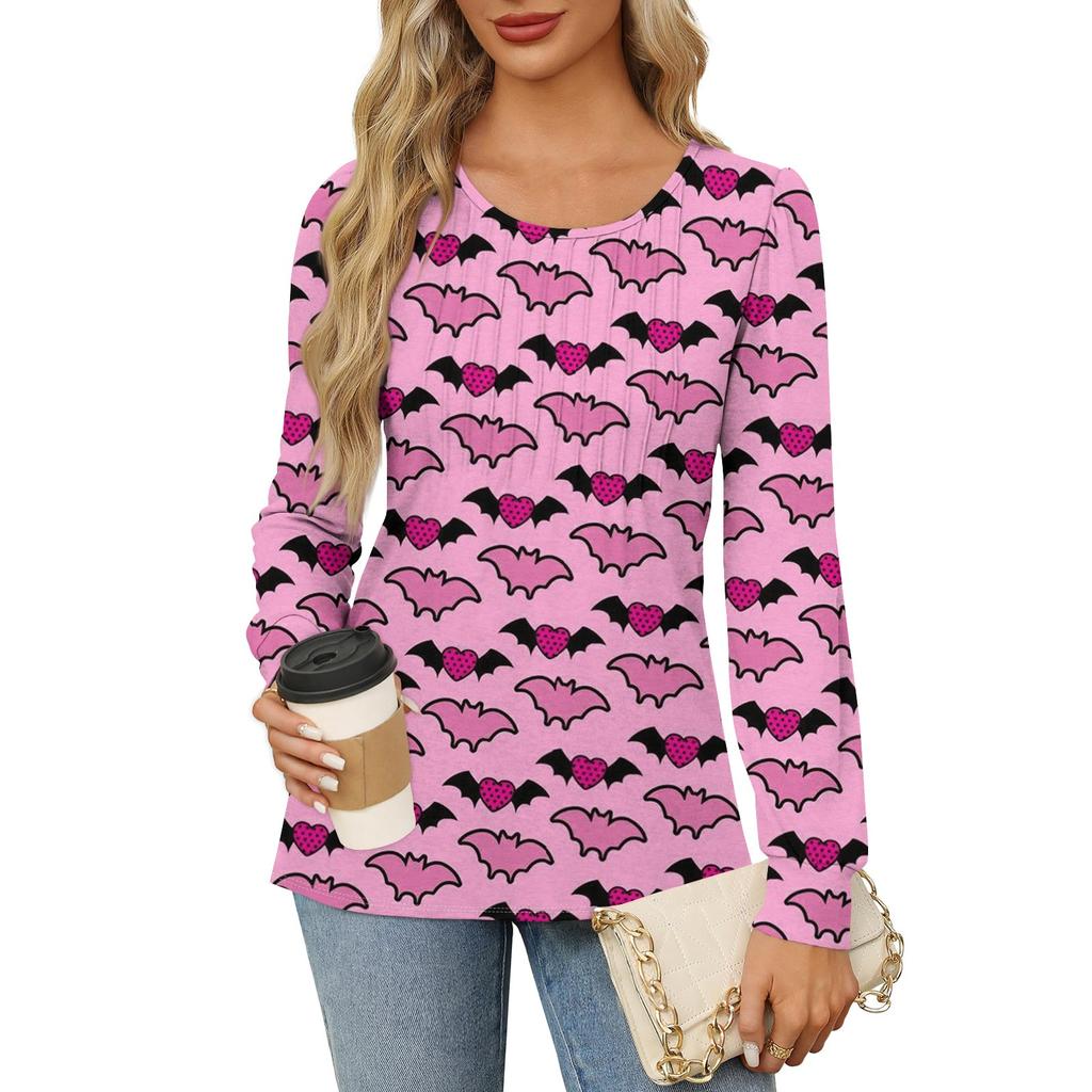 Long Sleeve Shirts For Women Cute Print Graphic Tees Blouses Dressy Casual Blouses Pleated Scooped Neck Tunic Tops Halloween