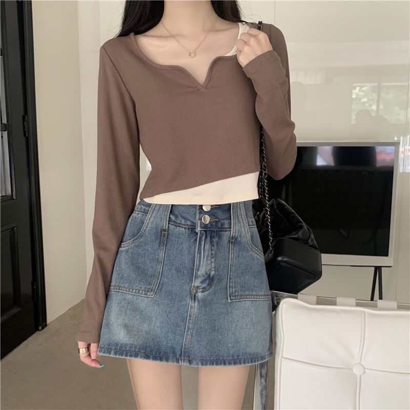 Design Sense Spice Girl Fake Two-Piece Color Matching Small V-Neck Women'S Slim-Fit Short Navel Bottom Shirt Slim-Fit Top