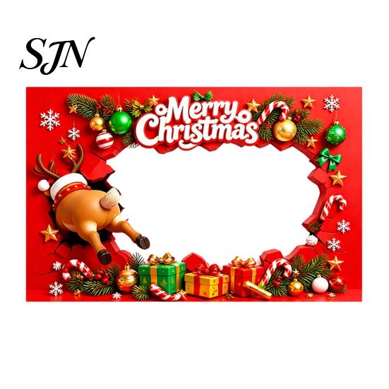 Portable Christmas Background Banner Cartoon Photo Booth Frame Banner, Xmas Selfie with Elk Festive Seasonal Event Penguin Bear, Holiday Party