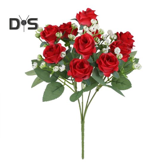 Искусственный букет роз с зелеными листьями на стебле Реалистичные многоразовые искусственные цветочные растения Украшение дома Свадебная вечеринка Фото