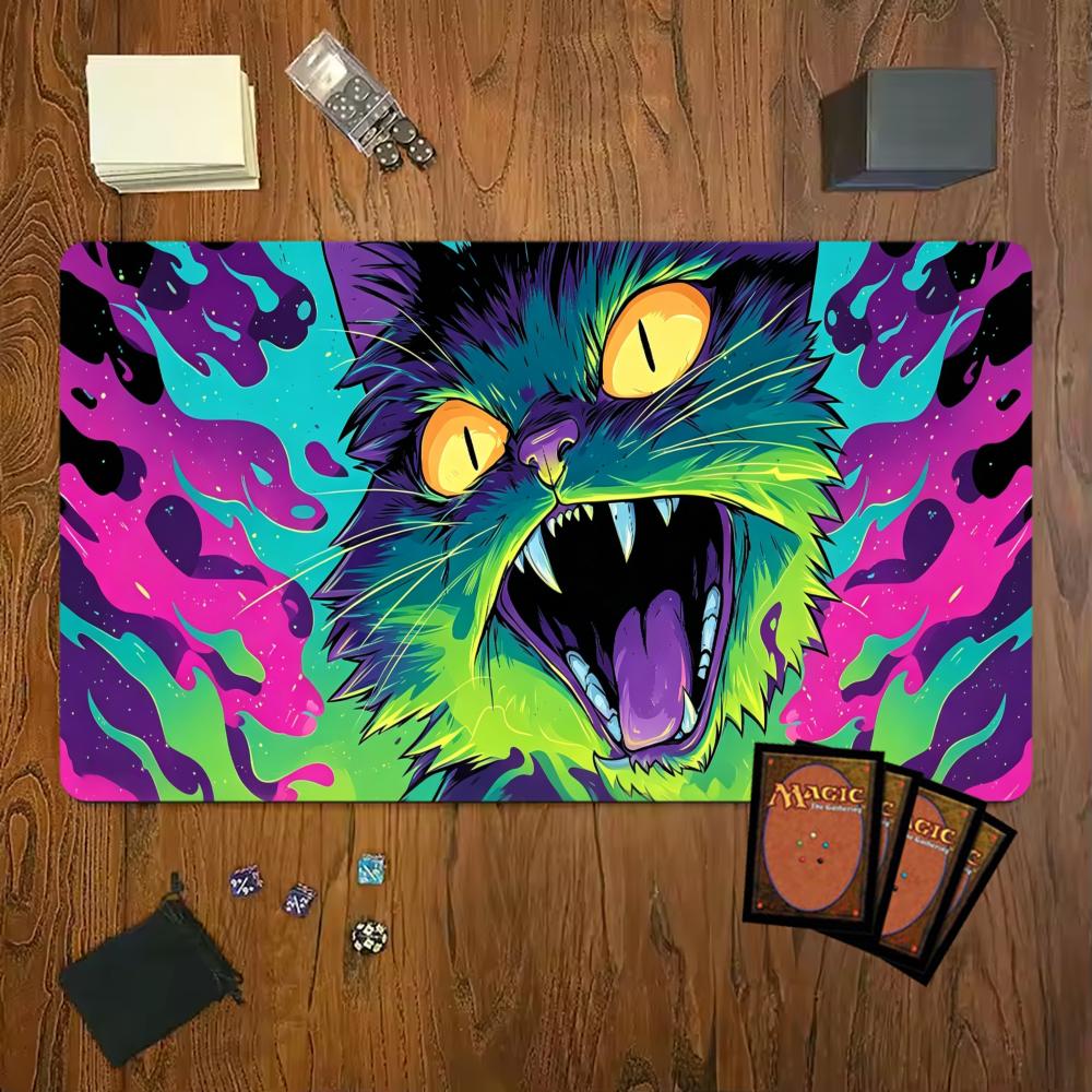 Neon Color Angry Black Cat Gaming Mouse Pad Playmat 24x14 Mtg Tcg Office Desk Mat For Work Game Pc Laptop Carpet Mousepad