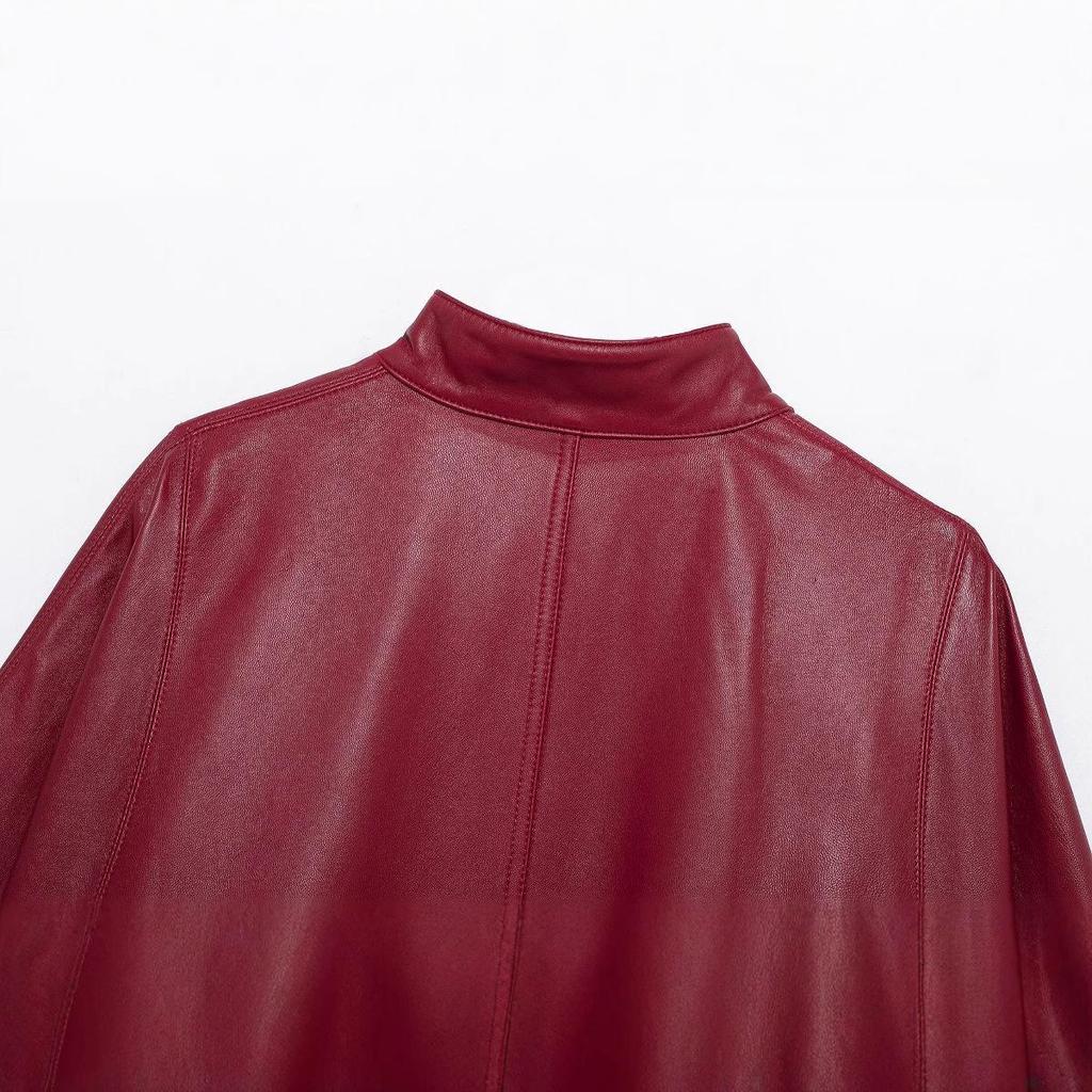 Женская мода весна 2025: Европейский и американский стиль Кожаный короткий плащ на молнии