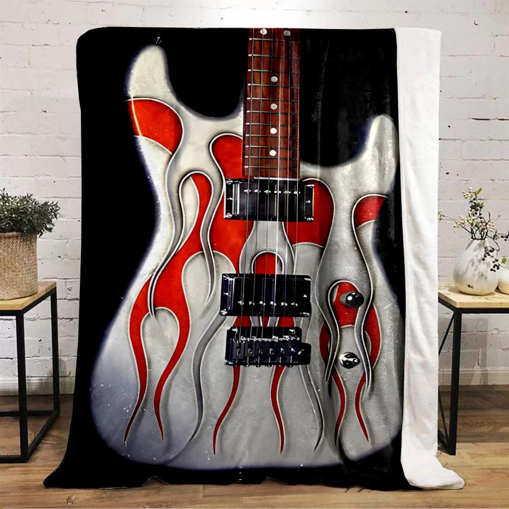 Guitar with Red Flame Design on Silver Background Flannel blanket for bedroom, living room, sofa, and nap sofas