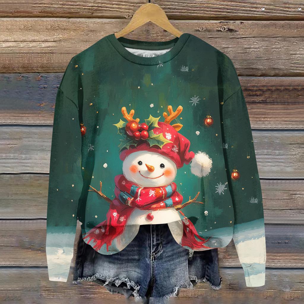 Женская толстовка с рождественским принтом, с длинным рукавом и круглым вырезом, свободный топ