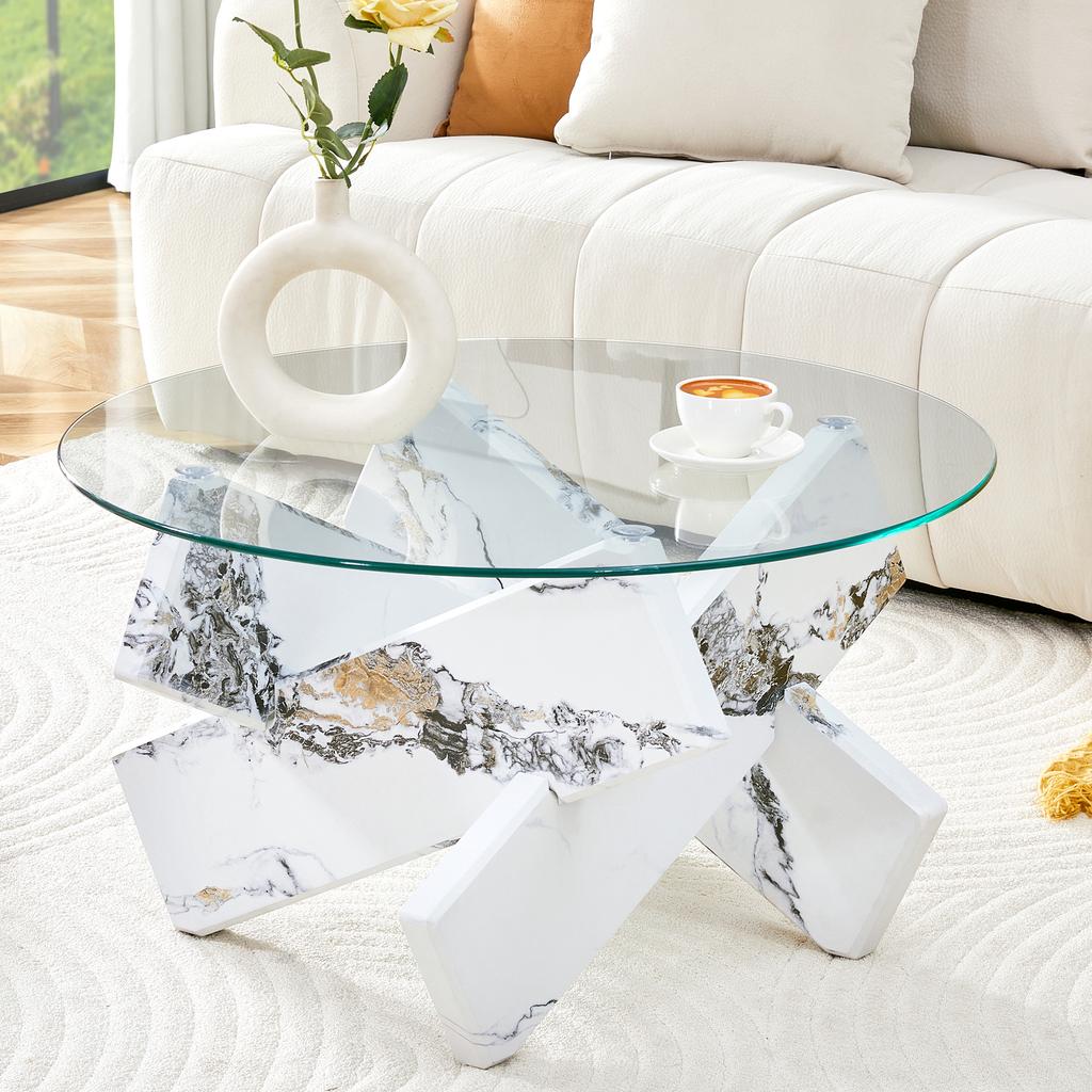 Multi-Color Optional MDF + Glass Round Coffee Table: White Imitation Marble Patterned Support Legs, 79cm Diameter, 0.8cm Thick Tempered Glass Surface.