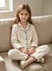 Cream Girls Pajama Set, Long Sleeve Button-Down Sleepwear with Black Trim & Ruffle Cuffs, 2-Piece Loungewear for 4-7Y