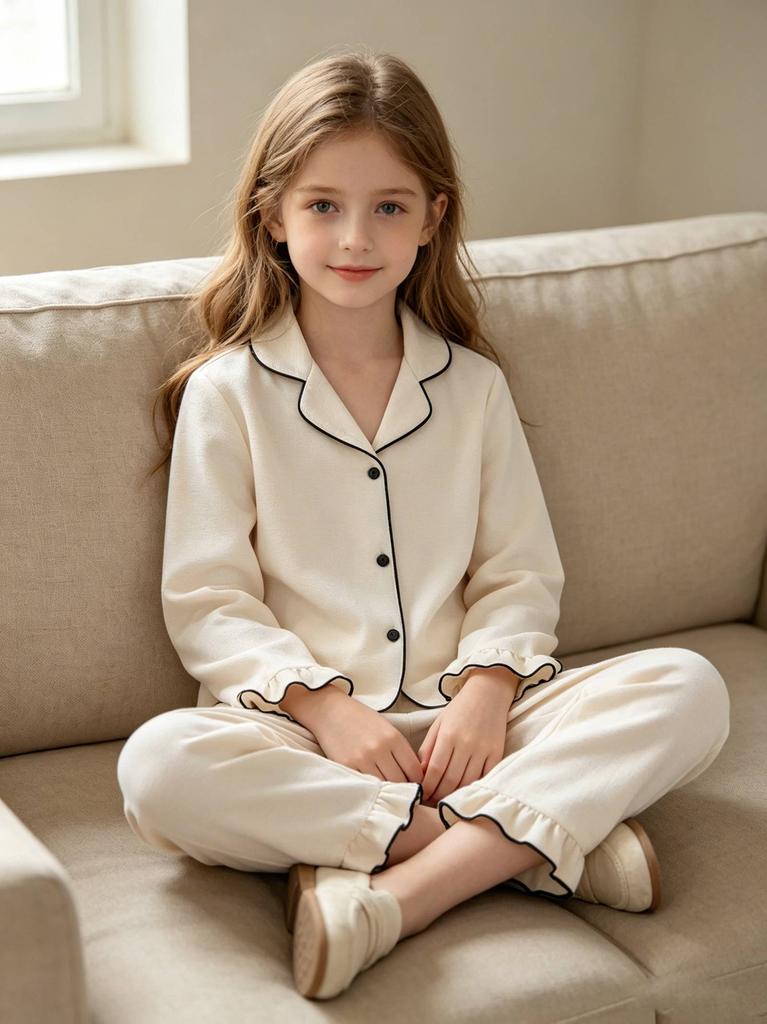 Cream Girls Pajama Set, Long Sleeve Button-Down Sleepwear with Black Trim & Ruffle Cuffs, 2-Piece Loungewear for 4-7Y