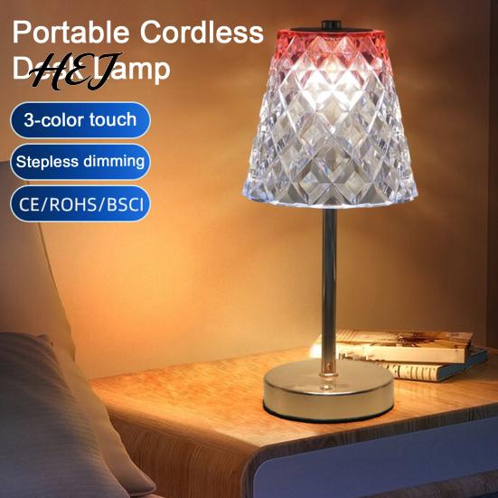 Small Portable Mood Light Touch Control Metal Cordless Table Lamp, 3-Color Dimmable Bedside Night with Decorative Diamond Cut Lamp Faux Crystal