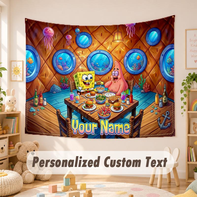 Custom Name Text Tapestry,SpongeBob Boho Wall Hanging, Decorative Backdrop Tapestry For Room