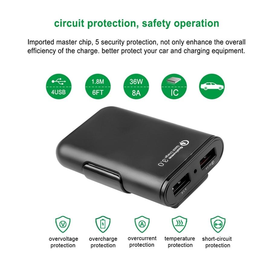 Автомобильное зарядное устройство 3.1A, быстрая зарядка, 4 порта, быстрое зарядное устройство, удлинительный кабель 5,6 фута для смартфона, планшета, адаптер питания
