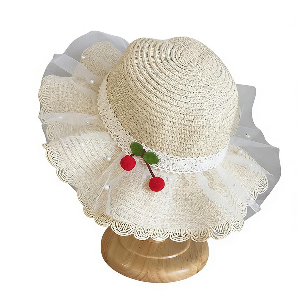 Wide Brim Kids Sun Hat Pearl Decoration Beach Hat Cute Style Straw Hat Girls Accessories