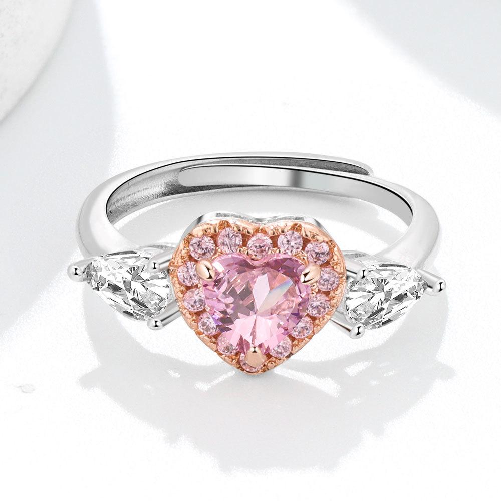 Rose Gold Water Drop Zircon Ring For Women Pink Heart Prong Set Simulated Diamond Jewelry