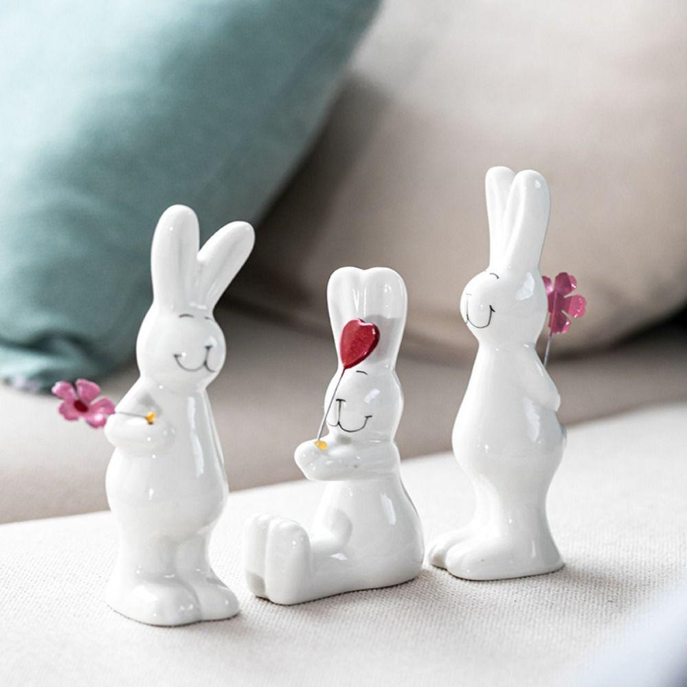 3pcs Ceramic Couple Rabbit Figurine Handicraft Bunny Statue White Rabbit Ornament Bedroom