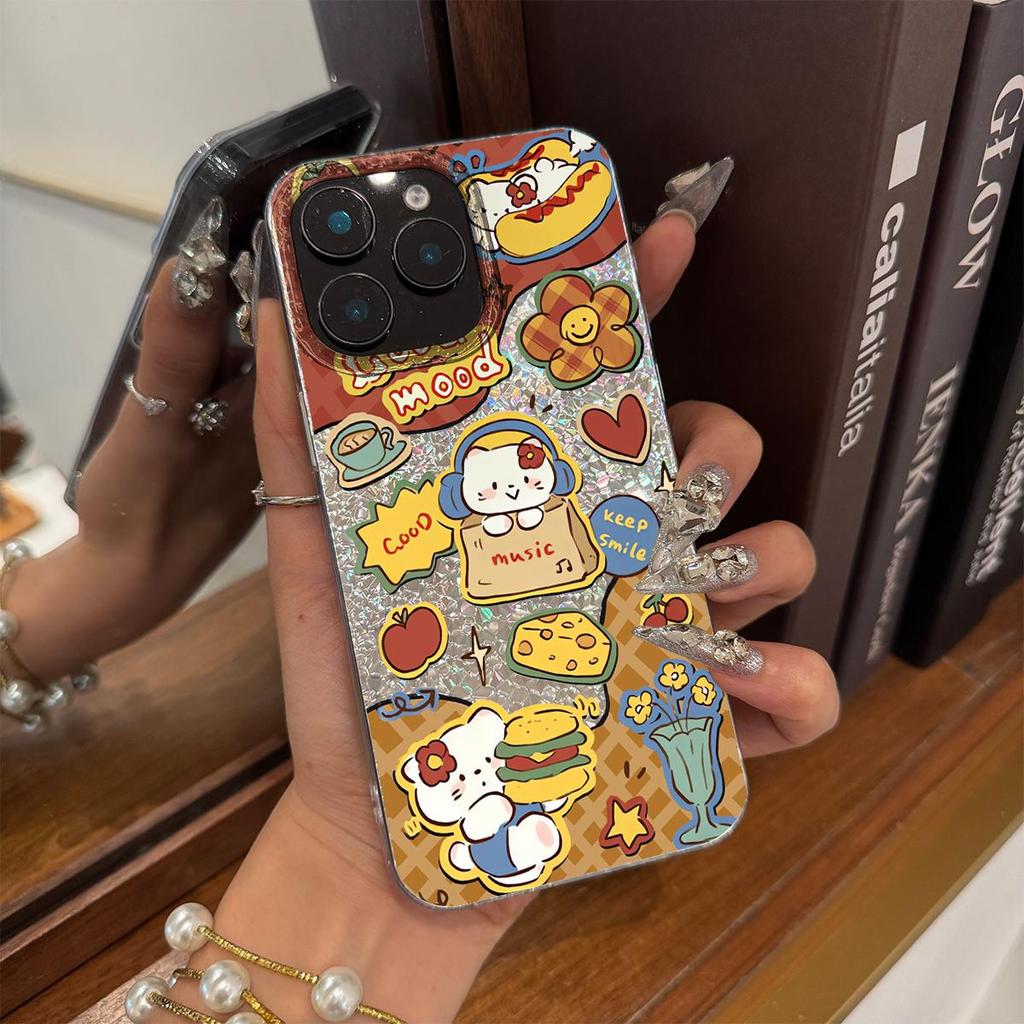 Милый Чехол с Мультяшными Персонажами на Тему Еды для iphone Air XS Max 13 17 Pro 18 Pro Max 16 Plus XR 11 15 14 12 Серебристый Блеск Фон с Трещинами