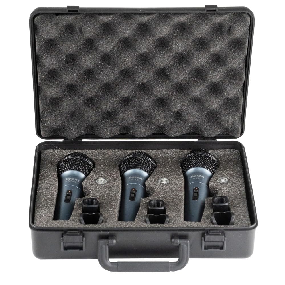 Superlux Dynamic Vocal Microphone Set of 3, Carrying Case, and Microphone Holder Included, ECO88S3PACK