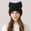 Женская зимняя вязаная шапка с кошачьими ушками, толстая защита ушей, однотонная шерстяная шапка с рукавами, шапочки с черепами
