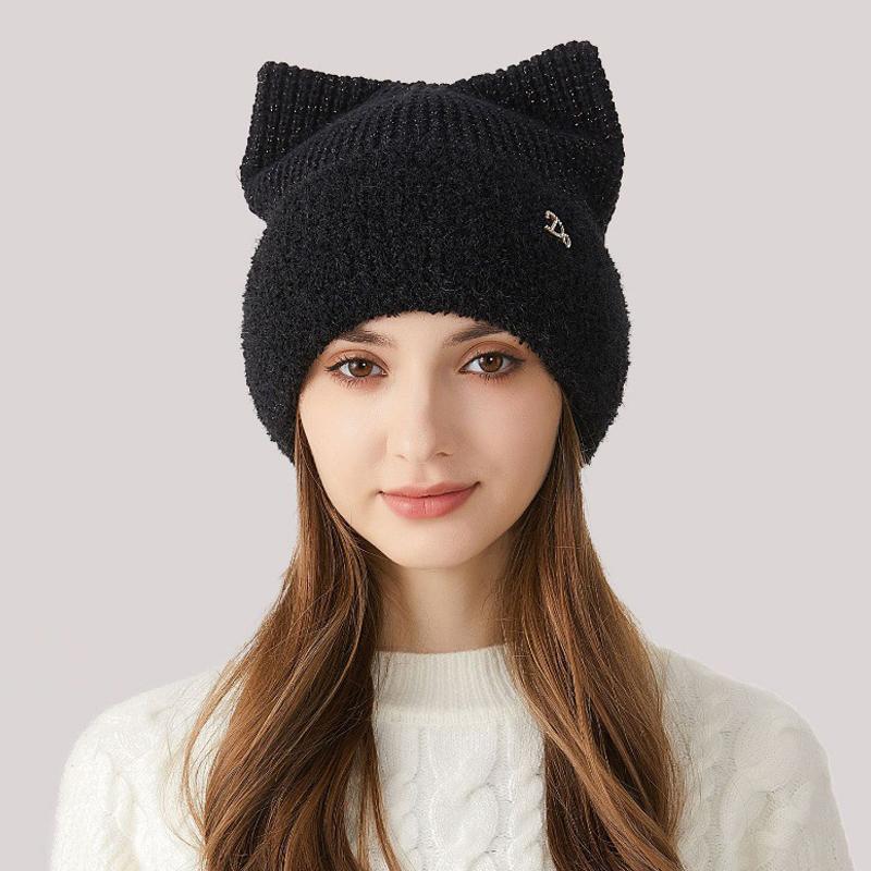 Женская зимняя вязаная шапка с кошачьими ушками, толстая защита ушей, однотонная шерстяная шапка с рукавами, шапочки с черепами