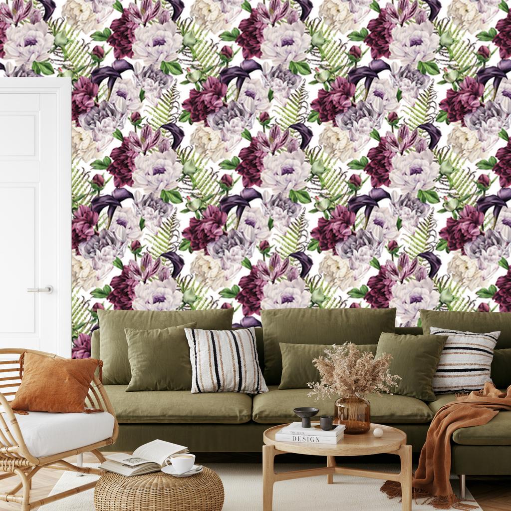 Wallpaper Flowers pattern peonies watercolor for living room and bedroom 50x1000