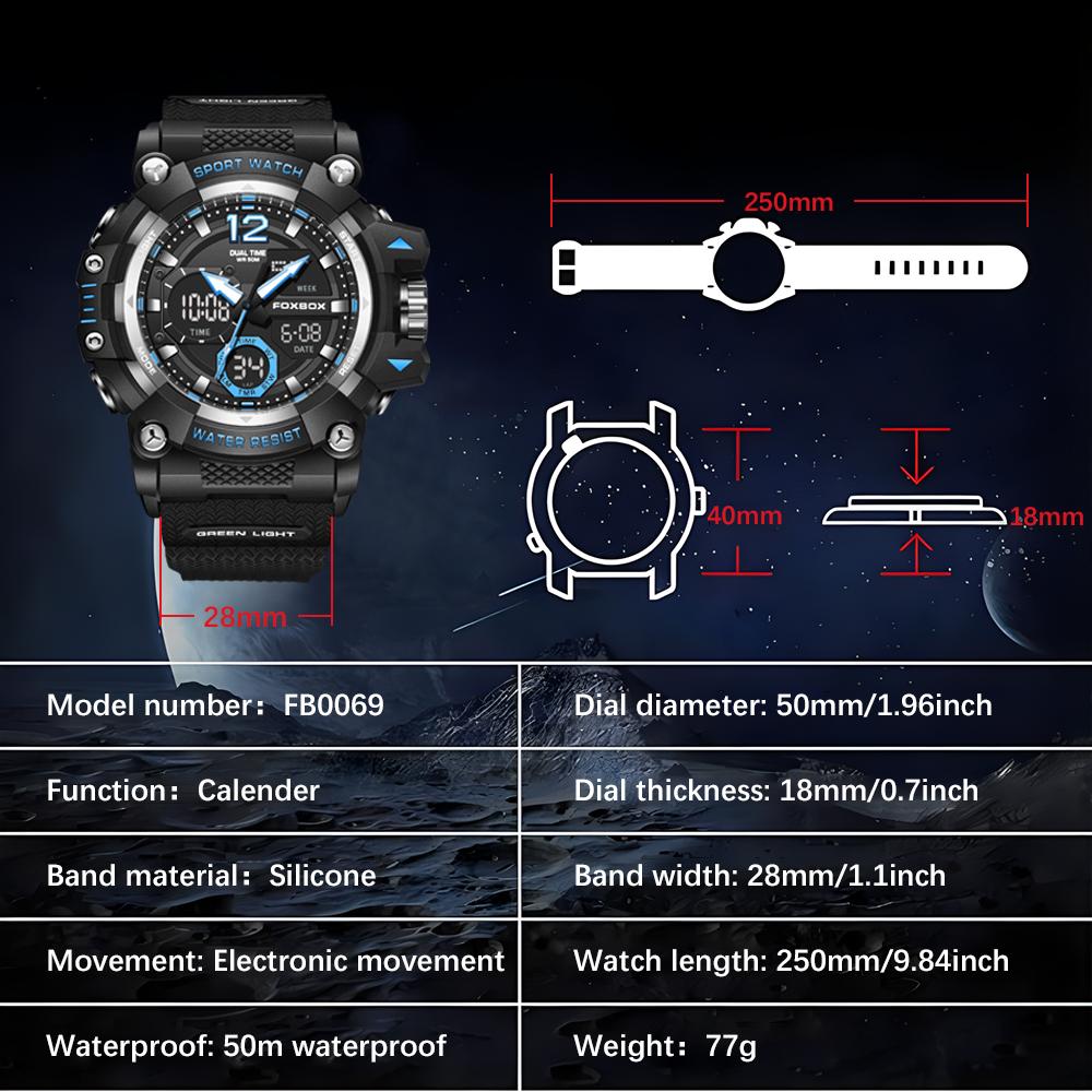 LIGE x FOXBOX Брендовые модные мужские часы с цифровым двойным дисплеем, светящиеся водонепроницаемые спортивные часы с будильником