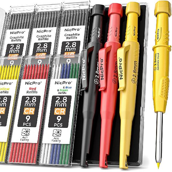Nicpro 4 Pack CP3000 Carpenter Pencils with Sharpener, Mechanical Pencil Set with 76 Refills, Heavy Duty Construction Pencil, Carpenter Tools for