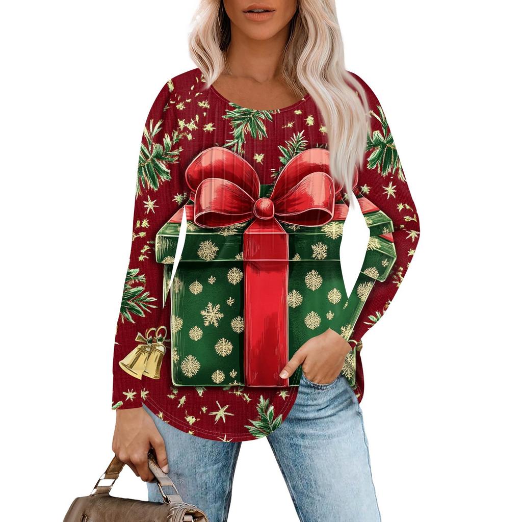 Женская повседневная футболка с круглым вырезом и длинными рукавами с рождественским принтом и складками