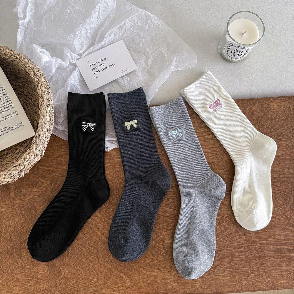 Seamless Women's Mid-Calf Socks Spring Autumn Slouchy Socks Embroidered Bow Socks  for Women Girls