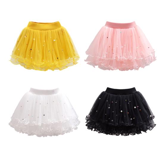 Детская юбка с эластичной талией и средней посадкой, однотонная юбка-пачка с бисером, милый стиль, многослойная сетчатая юбка-фонарик из пряжи