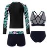 Children‘s 4-Piece Swimsuit Set Printed Long Sleeve Mock Neck Top U Back Crop Top High Waist Swim Shorts and Briefs for Beach Vacation