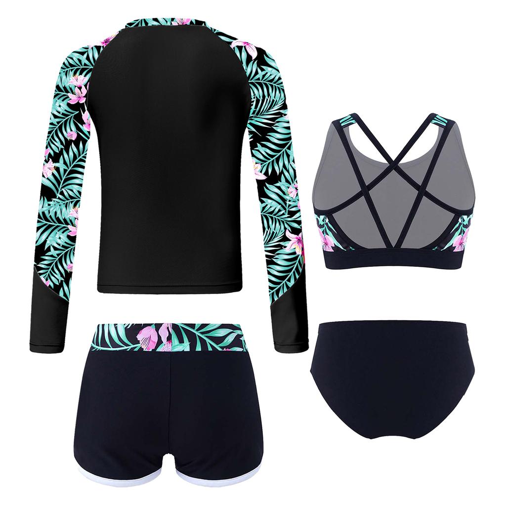 Children‘s 4-Piece Swimsuit Set Printed Long Sleeve Mock Neck Top U Back Crop Top High Waist Swim Shorts and Briefs for Beach Vacation