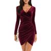 Women's Sexy Velvet Long Sleeve V Neck Mini Dress Ruched Bodycon Faux Wrap Cocktail Party Dress Formal Wedding Guest Dress