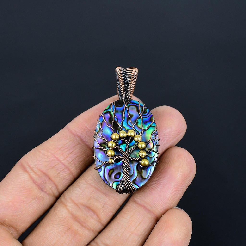 Abalone Shell 999 Copper Wire Wrapped Pendant, Handmade Gemstone Pendant Jewelry, Gifts For Wife Brand New Pendant
