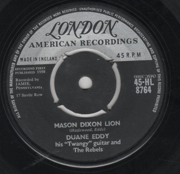 7-дюймовая пластинка DUANE EDDY THE REBELS Mason Dixon Lion 45HL8764 London Records 1959 UK Rock Б/у