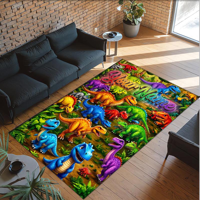 Dinosaur Theme Crystal Velvet Rug Personalized Custom Name Text Soft Floor Mat Home Decor