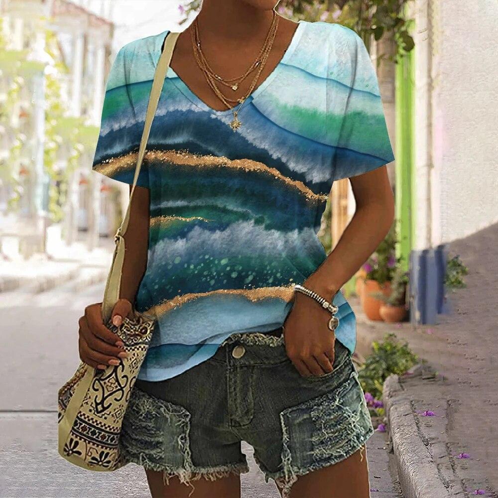 Полосатая футболка для женщин, новая простая одежда, повседневная футболка с v-образным вырезом и короткими рукавами, женская футболка в стиле Харадзюку в стиле ретро с принтом, летняя