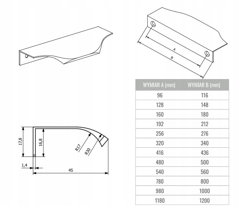 Gold edge furniture handle 80 cm light and durable UA04 for cabinets
